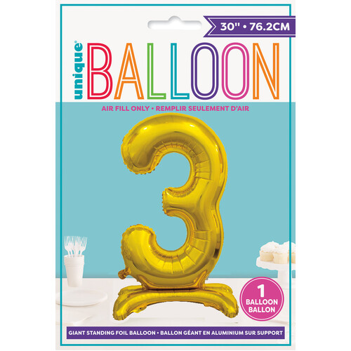 Gold "3" Giant Standing Air Filled Numeral Foil Balloon 76.2cm