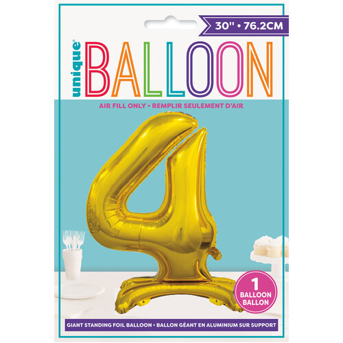 Gold "4" Giant Standing Air Filled Numeral Foil Balloon 76.2cm