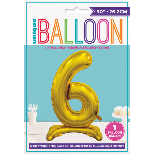 Gold "6" Giant Standing Air Filled Numeral Foil Balloon 76.2cm
