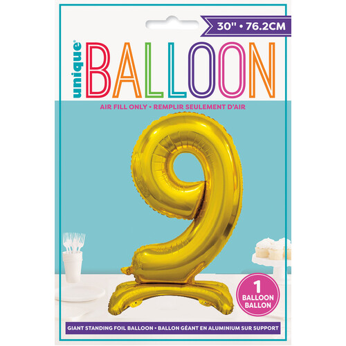GOLD "9" GIANT STANDING AIR FILLED NUMERAL FOIL BALLOON 76.2CM (30")