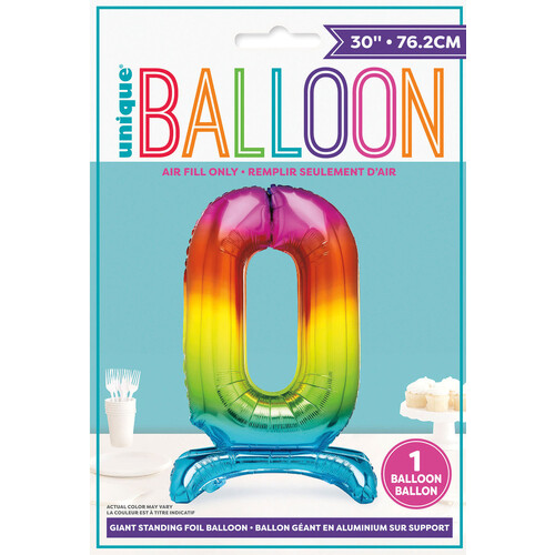 RAINBOW "0" GIANT STANDING AIR FILLED NUMERAL FOIL BALLOON 76.2CM (30")