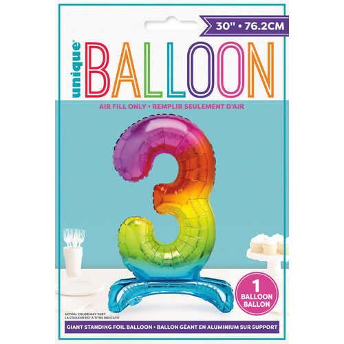 RAINBOW "3" GIANT STANDING AIR FILLED NUMERAL FOIL BALLOON 76.2CM (30")