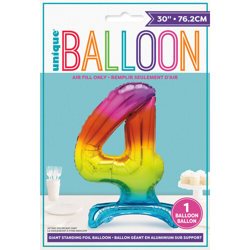 RAINBOW "4" GIANT STANDING AIR FILLED NUMERAL FOIL BALLOON 76.2CM (30")