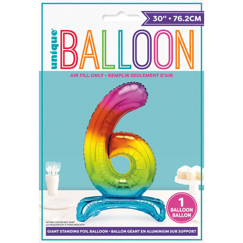 RAINBOW "6" GIANT STANDING AIR FILLED NUMERAL FOIL BALLOON 76.2CM (30")