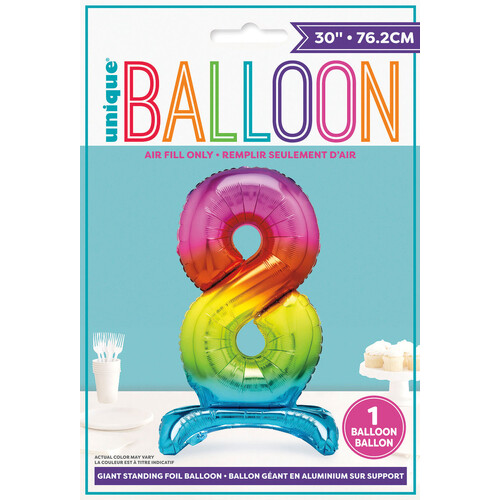 RAINBOW "8" GIANT STANDING AIR FILLED NUMERAL FOIL BALLOON 76.2CM (30")