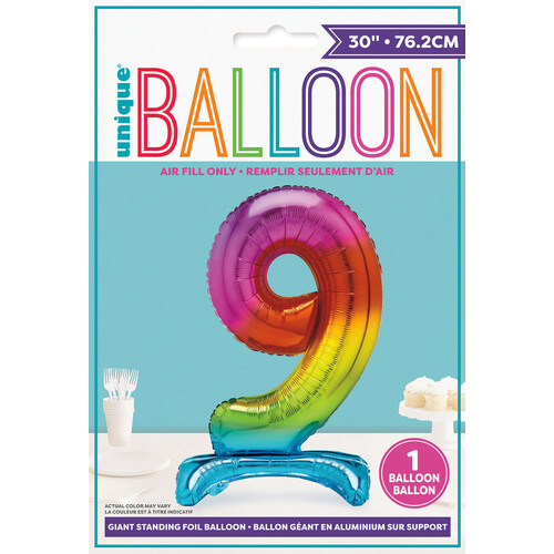 RAINBOW "9" GIANT STANDING AIR FILLED NUMERAL FOIL BALLOON 76.2CM (30")