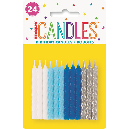 24 Sprial Candles Blue Assorted - Bright White, Powder Blue, Royal Blue & Silver