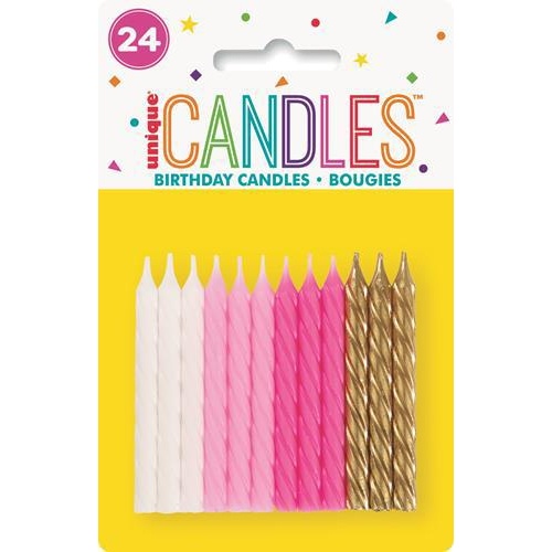 24 Sprial Assorted Candles - Bright White, Lovely Pink, Hot Pink & Gold