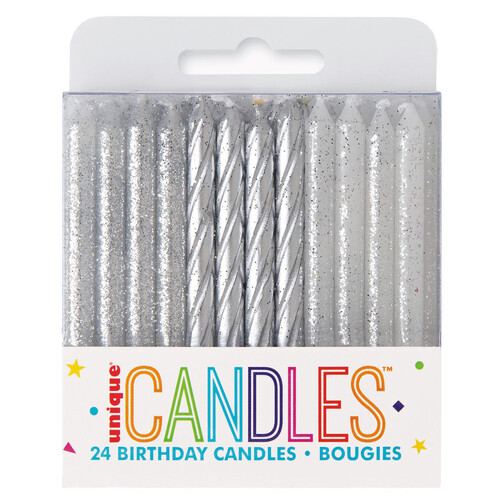 Silver & Silver Glitter Assorted Spiral Candles 24pk