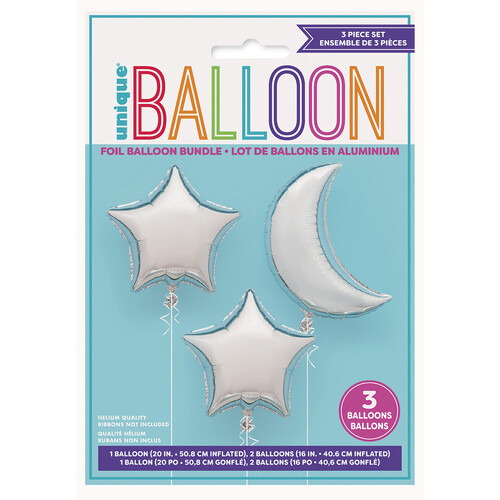 Moon & Star Shaped Silver Foil Balloons 3pk