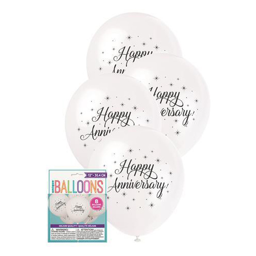 8 x 30cm Happy Anniversary 12" Balloons White