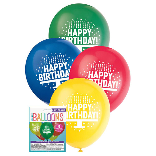 Printed Happy Birthday Balloons Primary Colors 8pk