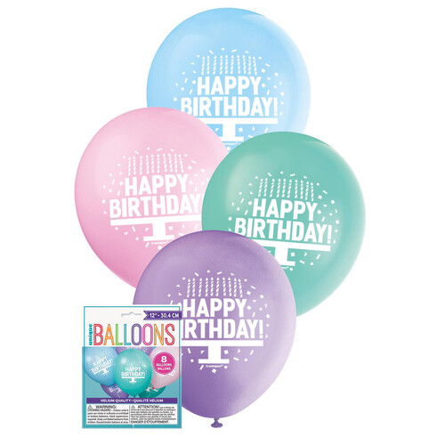 Printed Happy Birthday Balloons Pastel Colors 8pk