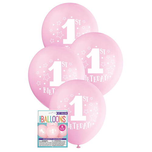 12" Pink Balloons 1st Birthday Stars 8pk