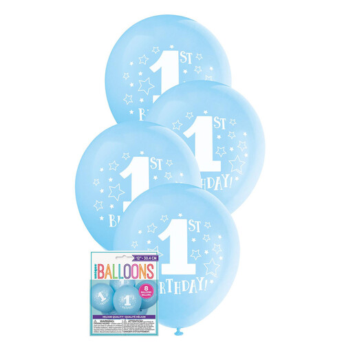 12" Blue Balloons 1st Birthday Stars 8pk