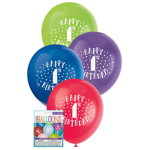 Happy 1st Birthday 8 X 30cm (12") BALLOONS -