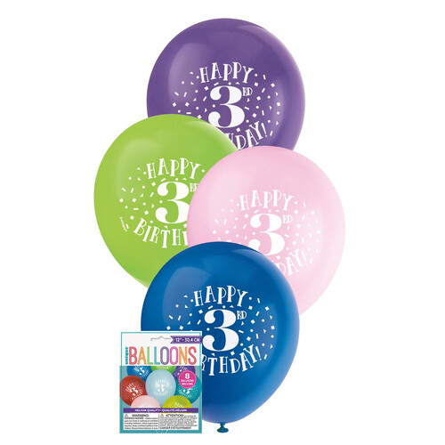 Happy 3rd Birthday Printed Latex Balloon 8pk