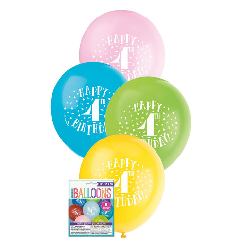 Happy 4th Birthday 8 X 30cm (12") BALLOONS -