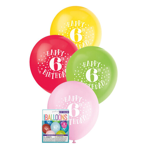 Happy 6th Birthday 8 X 30cm (12") BALLOONS -