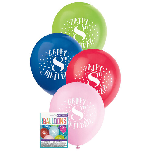 Happy 8th Birthday 8 X 30cm (12") BALLOONS -