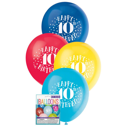 Happy 10th Birthday 8 X 30cm (12") BALLOONS -