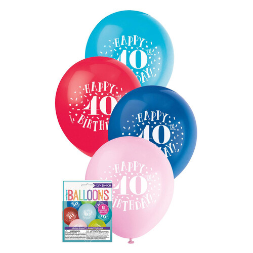 40th Happy Birthday Printed Balloons 30cm 8PK
