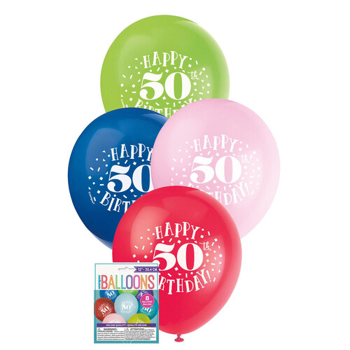 50th Happy Birthday Printed Balloons 30cm 8PK