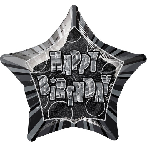 Glitz Black 20" Happy Birthday Star Foil Balloon 50cm