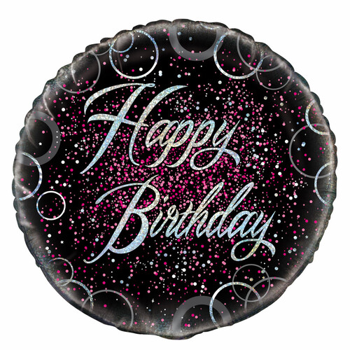 Happy Birthday Pink and Black Prismatic Foil Balloon 45cm