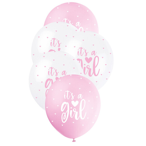"It's A Girl" 5 x 30cm (12") Pearl Balloons - Lovely Pink & White Printed All Sides