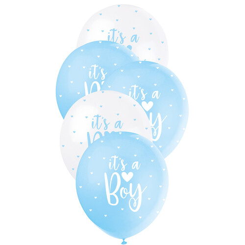 "It's A Boy" 5 x 30cm (12") Pearl Balloons - Powder Blue & White Printed All Sides