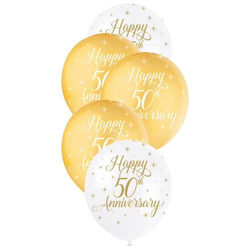  Happy 50th Anniversary Gold & White Balloons 5pk