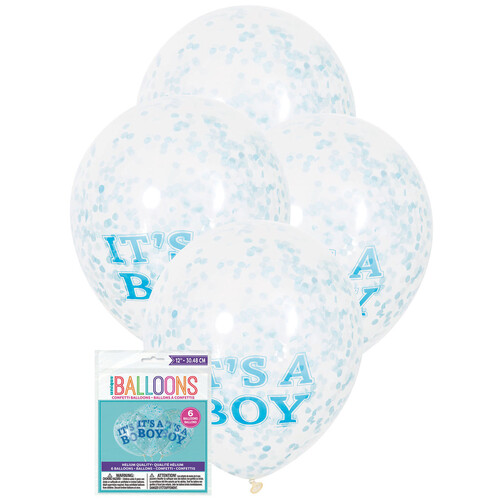 It's A Boy Clear Balloons With Blue Confetti 30cm 6pk