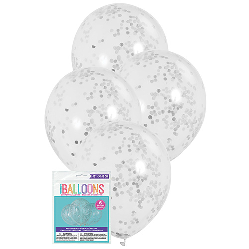Clear Balloons Prefilled With Silver Confetti 6pc