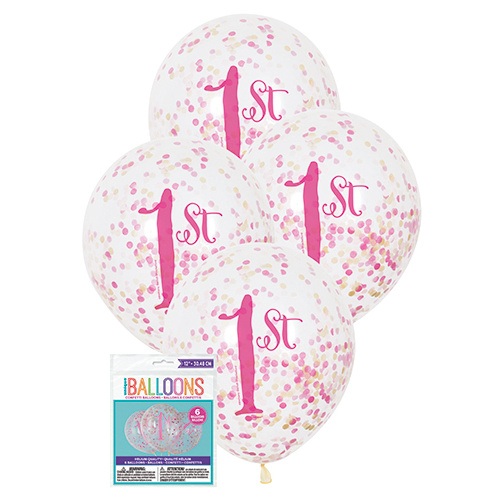 Pink & Gold 1st Birthday 12" Clear Balloons Prefilled Confetti 6pk