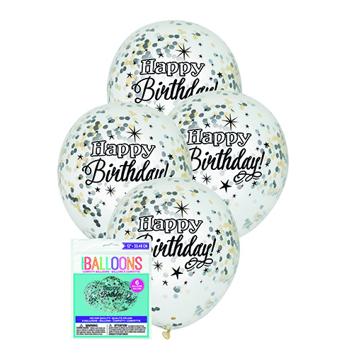 Clear Balloons Prefilled With Silver, Gold & Black Confetti 6pc
