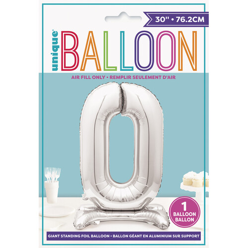 SILVER "0" GIANT STANDING AIR FILLED NUMERAL FOIL BALLOON 76.2CM (30")