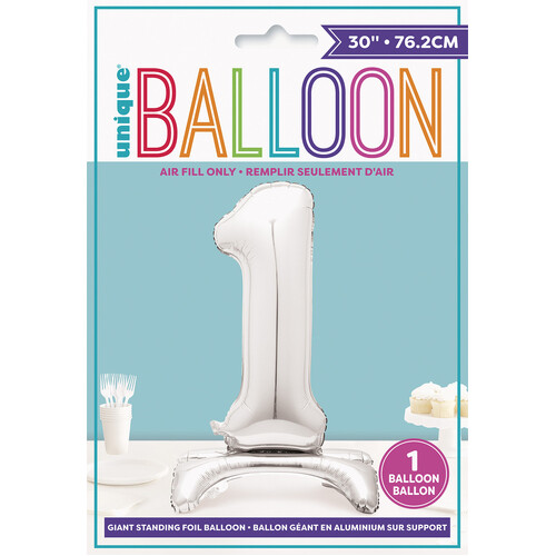 SILVER "1" GIANT STANDING AIR FILLED NUMERAL FOIL BALLOON 76.2CM (30")
