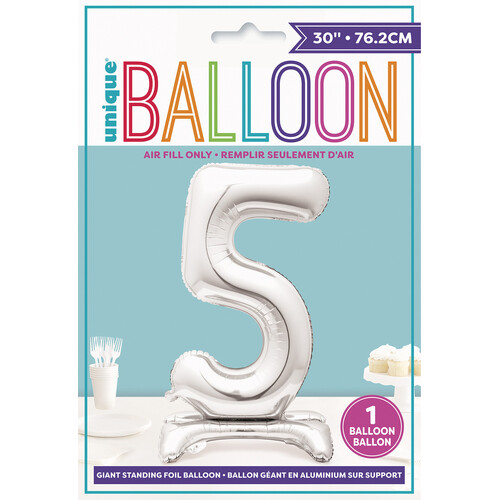 SILVER "5" GIANT STANDING AIR FILLED NUMERAL FOIL BALLOON 76.2CM (30")