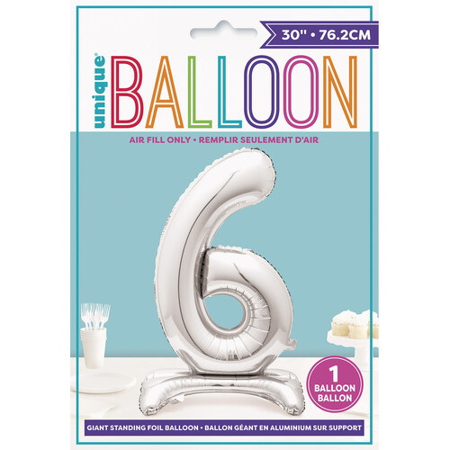 SILVER "6" GIANT STANDING AIR FILLED NUMERAL FOIL BALLOON 76.2CM (30")