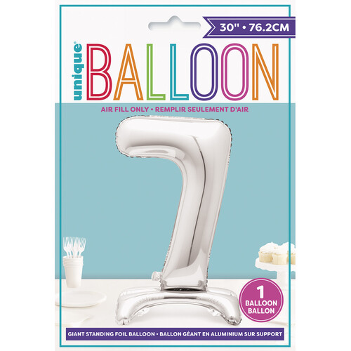 SILVER "7" GIANT STANDING AIR FILLED NUMERAL FOIL BALLOON 76.2CM (30")