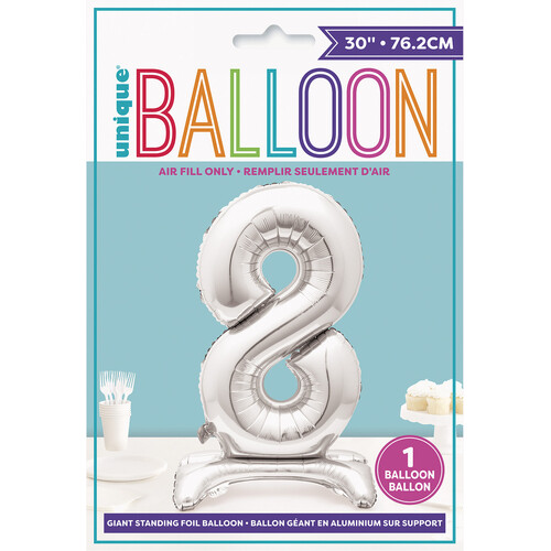 SILVER "8" GIANT STANDING AIR FILLED NUMERAL FOIL BALLOON 76.2CM (30")