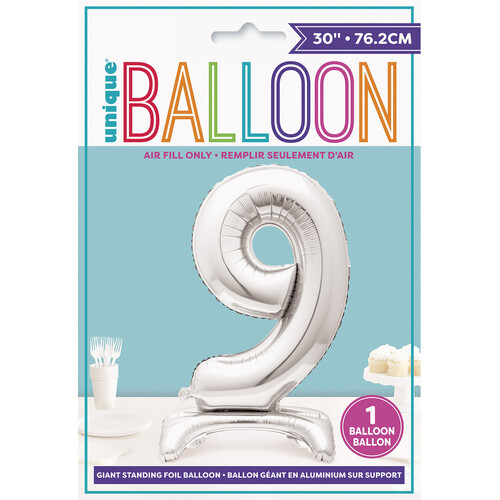 SILVER "9" GIANT STANDING AIR FILLED NUMERAL FOIL BALLOON 76.2CM (30")