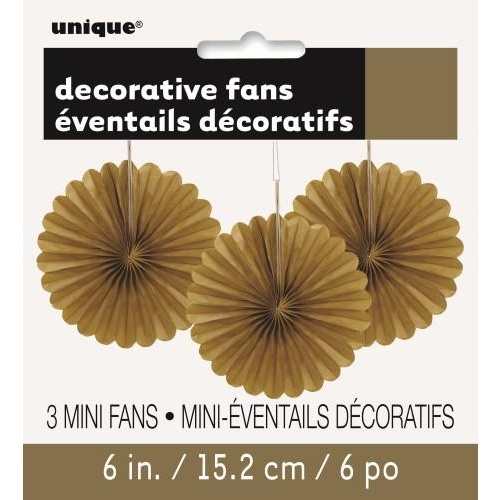 3 Decorative Fans Gold 15cm (6")