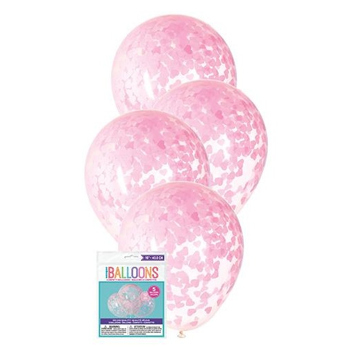 5 x 16" Clear Balloons Prefilled With Lovely Pink Heart Shaped Confetti