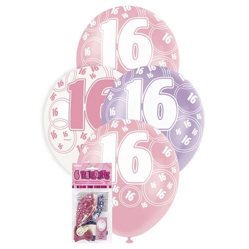 12" Pink Latex Balloons 16 Number 6pcs 30cm