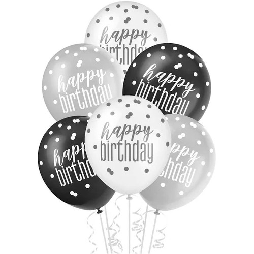 Black Grey & White Happy Birthday Balloons (Pack of 6)