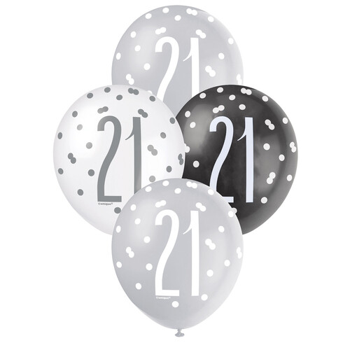 6pk Assorted Black Silver White 21st Birthday 30cm Latex Balloons