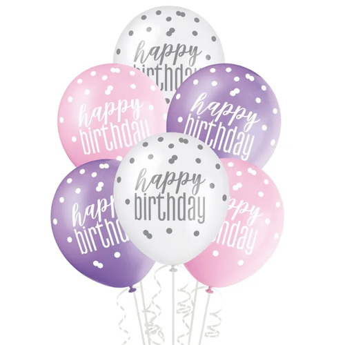 Pink Purple & White Happy Birthday Balloons (Pack of 6)