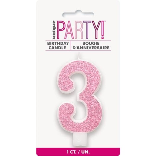 Numerical Birthday Candle Number 3  - Glitter pink